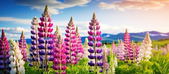 Aufkleber - Beautiful landscape with purple blooming lupins lupinus in summer Lupinus blue flower in grass. Creative banner. Copyspace image