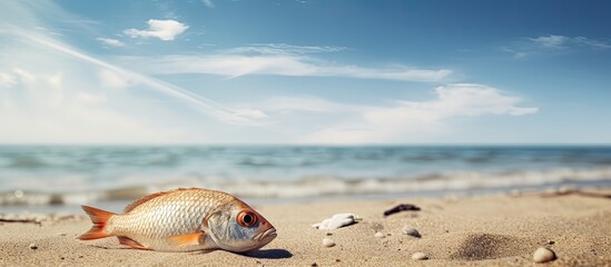 Wall Mural - Dead fish on the sand beach. Creative banner. Copyspace image