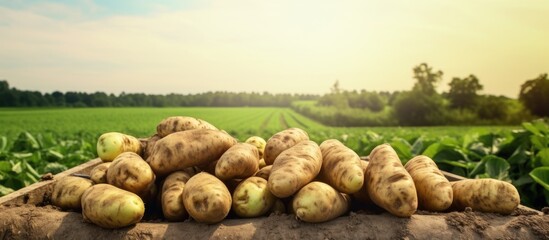 Aufkleber - Farm garden with green potatoes during ripening Industrial business in rural areas Stock background photo. Creative banner. Copyspace image