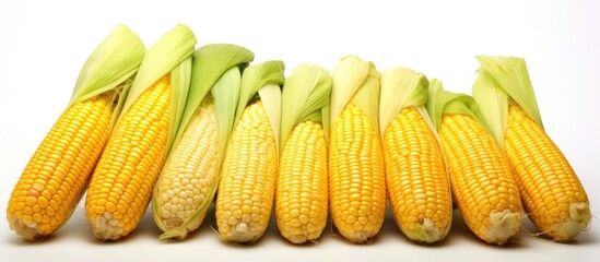 Wall Mural - Fresh yellow corn cobs isolated on white background Fresh vegetables. Creative banner. Copyspace image