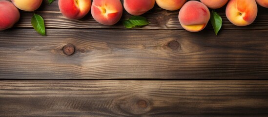 Poster - Fresh ripe peaches fruits on wooden rustic background Top view. Creative banner. Copyspace image