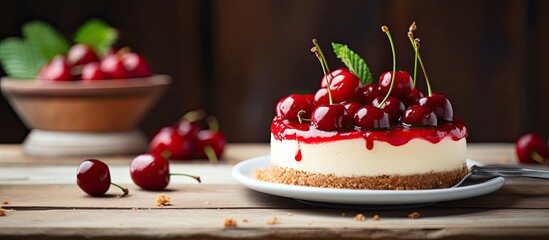 Poster - piece of cherry cheesecake on table. Creative banner. Copyspace image