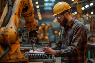 Poster - Industrial Worker Inspecting Robotic Arm During Manufacturing Process