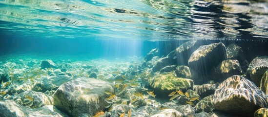 Poster - Underwater reflection of clear lake water with fishes and stones inside. Creative banner. Copyspace image