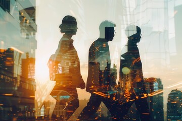 Wall Mural - silhouettes of business people in city double exposure partnership concept