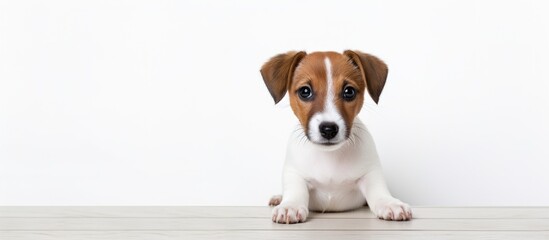 Poster - Mix breed dog looking to the camera Labrador puppy photo studio session. Creative banner. Copyspace image