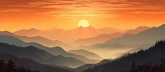 Poster - Sunset behind distant hill range. Creative banner. Copyspace image
