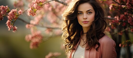 Wall Mural - portrait of a beautiful brunette woman in spring nature. Creative banner. Copyspace image