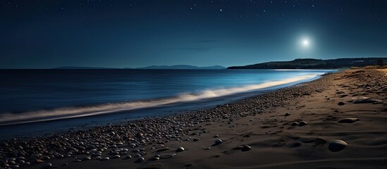 Poster - Beach at night and pebble sandy beach. Creative banner. Copyspace image