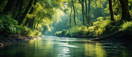 Poster - Tress in the forest with river. Creative banner. Copyspace image