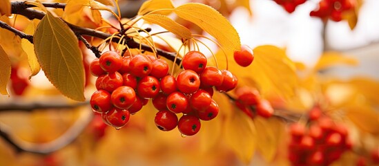 Poster - Ripe red berries on golden leaves. Creative banner. Copyspace image