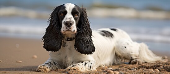 Canvas Print - Black and White Spaniel Poses for Camera On Beach. Creative banner. Copyspace image