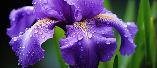 Poster - A large purple iris flower against a background of green leaves covered with drops of spring rain water. Creative banner. Copyspace image