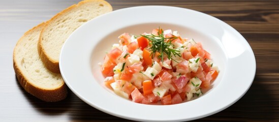 Poster - russian salad with tomato and bread on a white plate. Creative banner. Copyspace image