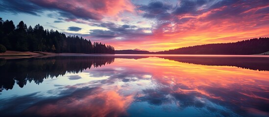 Poster - Beautiful sunrise on the lake with colour sky. Creative banner. Copyspace image