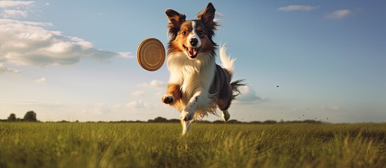 Poster - Dog out playing frisbee in a field. Creative banner. Copyspace image