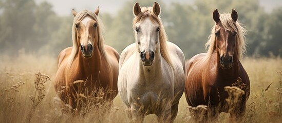 Poster - Three horses graze in the meadow Three beautiful horses. Creative banner. Copyspace image