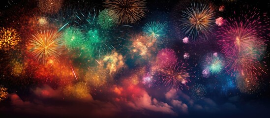 Poster - Beautiful bright firework lighting up night sky. Creative banner. Copyspace image