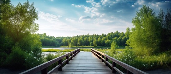 Poster - Wooden bridge and Forest background with blue sky. Creative banner. Copyspace image