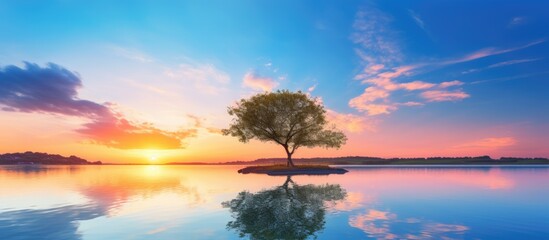 Poster - Sunset by the lake with blue sky and tree. Creative banner. Copyspace image