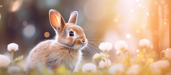 Poster - Cute little rabbit on green grass with natural bokeh as background during spring Young adorable bunny playing in garden Lovely pet at park. Creative banner. Copyspace image