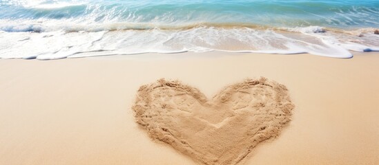 Poster - Sea view through shape of heart in the sand of tropical beach Valentines day Holiday vacation concept Creative background copy space travel summer