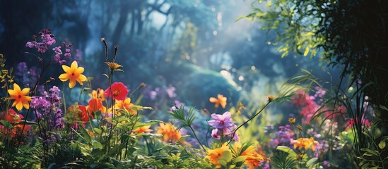 Poster - Beautiful wildflowers caught on camera in a tropical forest. Creative banner. Copyspace image