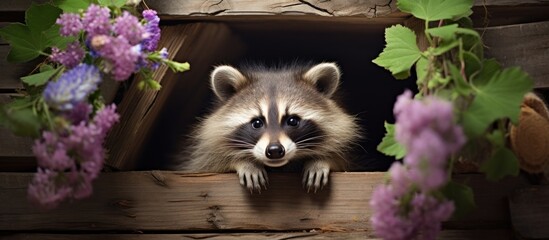 Poster - Beautiful funny raccoon is sitting sleepy in a wooden house mink Pet is looking directly at the camera Spring summer theme background Stock photo. Creative banner. Copyspace image