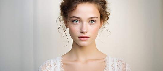 Poster - Beauty portrait Elegant young woman with natural make up wearing white lace dress on a white background Summer fashion. Creative banner. Copyspace image