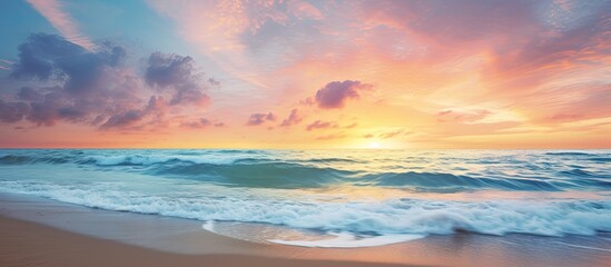 Poster - background of beach and sea at sunset colors. Creative banner. Copyspace image