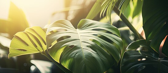 Poster - Tropical green plant monstera in the sunshine. Creative banner. Copyspace image