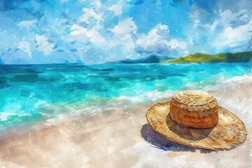 Wall Mural - straw hat on white sand beach with tropical seascape background summer vacation concept digital painting