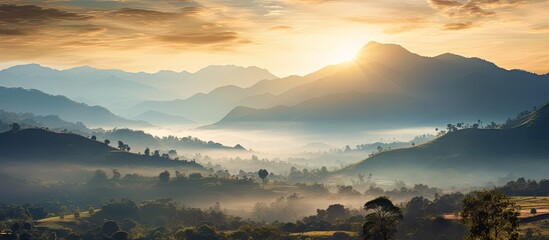 Wall Mural - Sunrise projecting silhouette of mountains in rural and wooded area of central america imposing presence of light in summer morning. Creative banner. Copyspace image