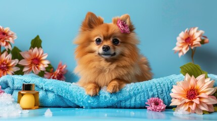 Canvas Print - Adorable Pomeranian Canine with Spa Items and Flowers on a Blue Background