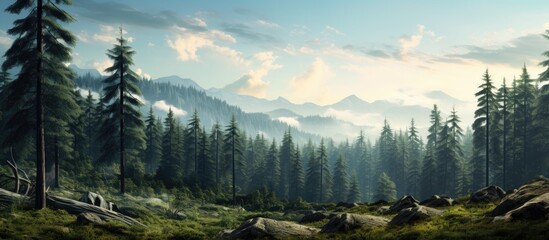 Poster - photo forest in the mountains woodland in the high mountains trees. Creative banner. Copyspace image