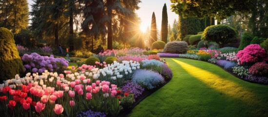 Poster - Vibrant Botanical Haven in the Sun Colorful flowers and foliage in a sunny organic garden environment. Creative banner. Copyspace image