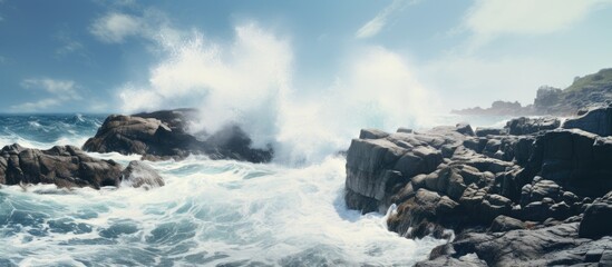 Wall Mural - Sea water is pounding the rocks. Creative banner. Copyspace image