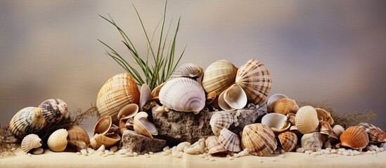 Poster - A pile of shells on a rock created by nature. Creative banner. Copyspace image