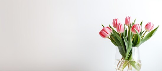 Poster - Large bouquet of pink tulips in a crystal vase. Creative banner. Copyspace image
