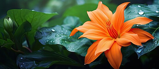 Aufkleber - blooming flower with orange petals and elongated green leaves. Creative banner. Copyspace image