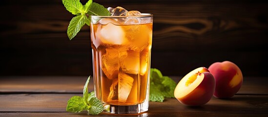 Wall Mural - Fresh homemade peach iced tea with mint on a wooden table. Creative banner. Copyspace image