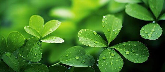 Aufkleber - small leaves with water drops and a room for your ads message topic. Creative banner. Copyspace image