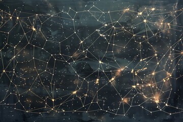 Wall Mural - A constellation map reimagined as a network of glowing, interconnected lines on a dark canvas