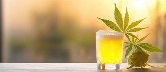 Poster - Cannabis plant with flower in a yellow lemon fruit on a white background CBD Lemonade Conceptual Food Minimalism. Creative banner. Copyspace image