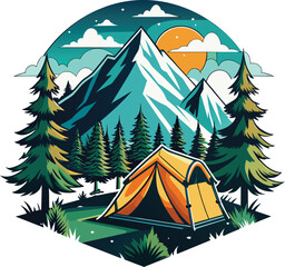camping in the mountains t-shirt design vector illustration, mountain landscape vector illustration,