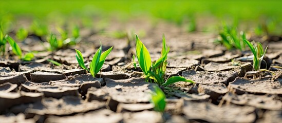 Poster - Bright green grass popping through the cracked by drought soil. Creative banner. Copyspace image