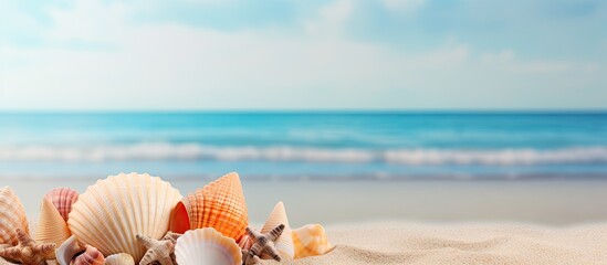 Poster - sea shells with sand as background. Creative banner. Copyspace image