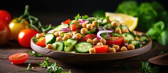 Aufkleber - Mediterranean salad with chickpea tomatoes cucumbers spinach and red onion. Creative banner. Copyspace image