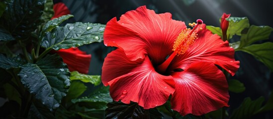 Aufkleber - red Hibiscus sabdariffa flower in nature garden. Creative banner. Copyspace image