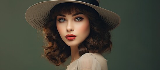 Poster - Beautiful girl in a hat portrait Girl model holding his hat handed Retro fashion style. Creative banner. Copyspace image